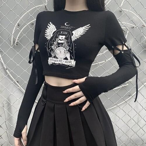 2021 Fashion Autumn Female Top Witch Print Black Bodycon Tops Women Gothic Harajuku Punk Patchwork Long Sleeve Slim T-shirts