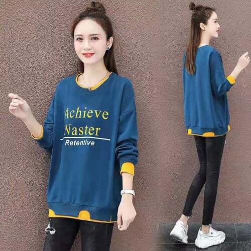 2021 Autumn Winter Womens Sweatershirt ALL-Match Coat Long Sleeve Top Korean Fashion O-Neck Hoodies Imitate 2 Piece Design