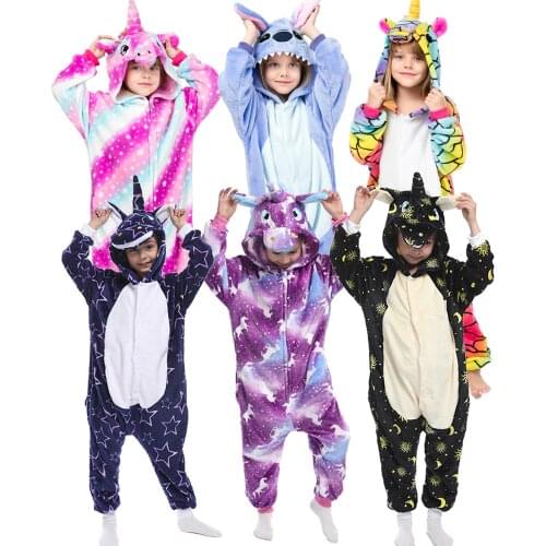 Unicorn Kigurumi Kids Sleepwear Boys Girls Stich Panda Pajamas Children Funny Animal Winter Onesies Girls Unicorn Flannel Pyjama