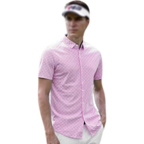 PGM Apparel Men Sports Wear Short Sleeve Golf Plaid Shirt Quick Dry Fabric Summer Button Lapels Casual Cotton Breathable Clothes