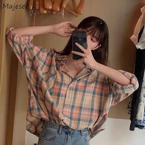 Shirts Women Autumn Panelled Simple Plaid Sun-proof Comfort Korean Style Students All-match Design Aesthetic Basic Retro Ladies