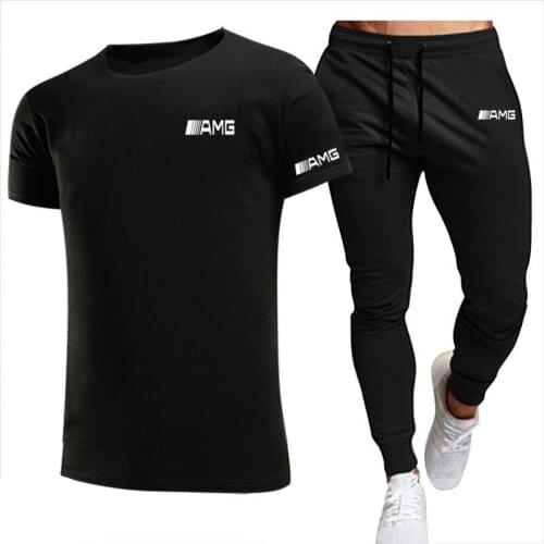 2021New T-shirt 2 Pieces Sets Tracksuit AMG Printing Men Short Sleeves+Pants Pullover Sportwear Suit Casual Sports Men Clothes