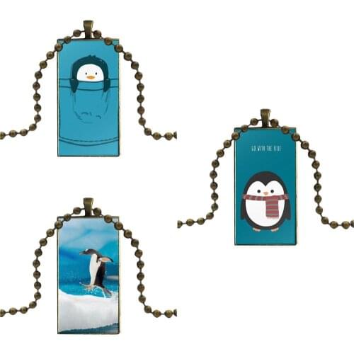 Glass Pendant Necklace Handmade Half Pendant Rectangle Necklace For Women Kids Arctic Animal Penguin
