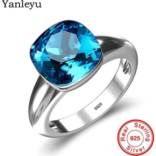 Yanleyu Fashion Luxury Blue Crystal Engagement Ring for Women Wedding Jewelry Solid 925 Sterling Silver Ring Anillo PR269