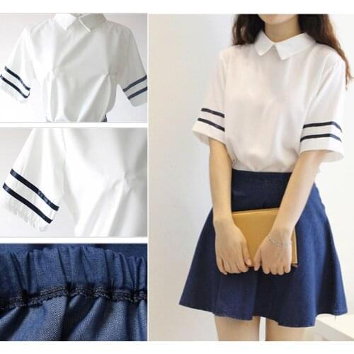 Japanese School Uniform Sailor Short sleeve White Tops + Tie + Skirt Navy Style Jean Skirt Full Set Cosplay JK Costume Summer