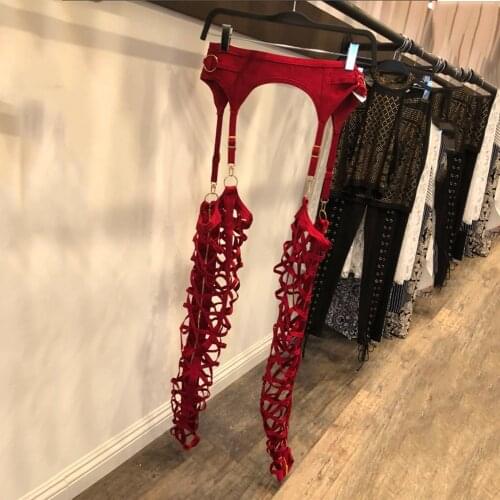 New Fashion Trend Bandage Woven High Waist Hollow Buckle Mesh Personality Sexy Through Meat Club Nightclub Trousers Women