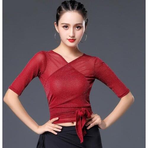 Top-costume New Latin Dance Training Top For Women/female Short Sleeve Lace Up Sexy Mesh Vogue Black Lady Modern Dance Shirt XXL