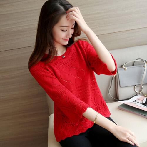 Spring And Summer New 7-Point Sleeve Knitted Sweater Hollow T-Shirt Womens Loose Flared Sleeve Short Top Traf Sweter Damski