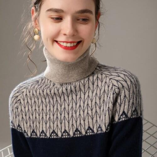 2020 Retro Ethnic Thick Cashmere Sweater Women' High Lapel Loose Pullover Short Color Matching Pure Wool Knitted Bottoming Shirt