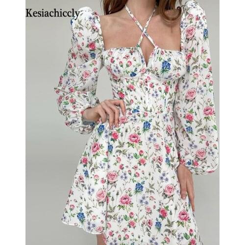 Kesiachiccly Vintage Floral Print High Waist Mini Women Dress Casual Puff Sleeves Summer Vestidos 2021 Elegant Romantic Dresses
