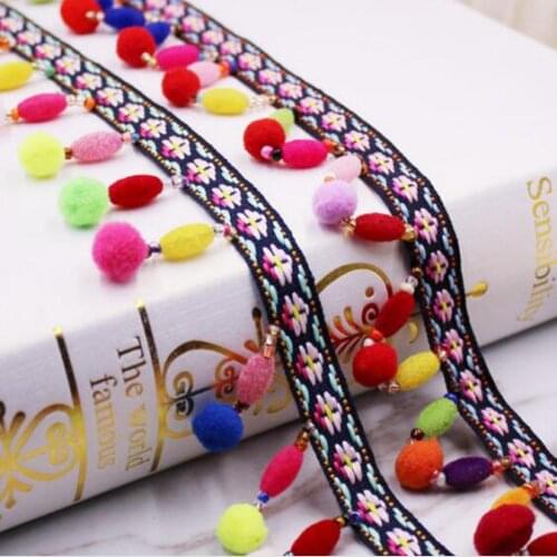 10Yards Bohemian Ethnic Embroidery Fringe Lace Trim Ribbons Colorful Balls Tassel Pompom Beads Pendant Collar Curtain Accessory