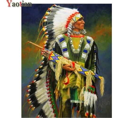 5D Diamond Painting Full Square Drill Indian Warrior Feathers Rhinestone Diamond Embroidery Cross Stitch Kit Mosaic Decoration