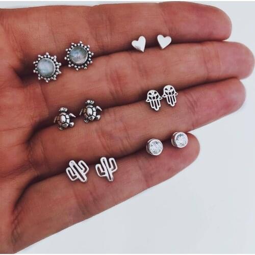 Stillgirl 6Pairs Vintage Silver Color Heart Stud Earrings for Women Boho Punk Cute Korean Fashion Jewelry Boucle Oreille Femme