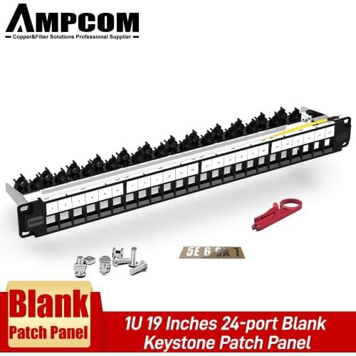AMPCOM 24-Port Blank Keystone Patch Panel, 1U STP/UTP ,19 inch Rack Wall Mount with Rear Cable Management Panel, RJ45 Ethernet