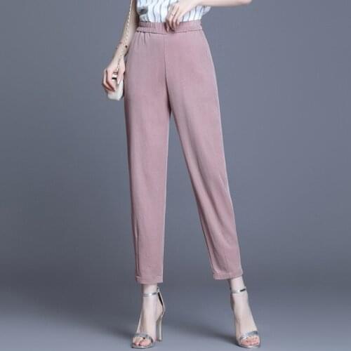 Womens Summer Fashion Pants Ladies Soft Ankle-Length Straight Pants Women High Waisted Trousers Female Elastic Waist Trousers