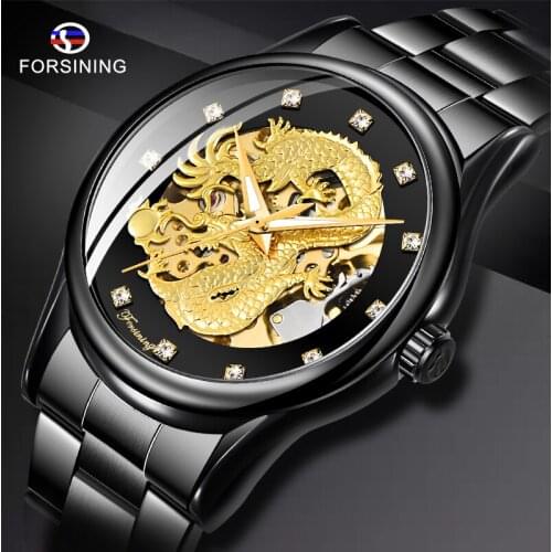Forsining Luxury 3D Engraved Golden Dragon Automatic Mechanical Men Watches Stainless Steel Band Sports Self-winding Wrist Watch