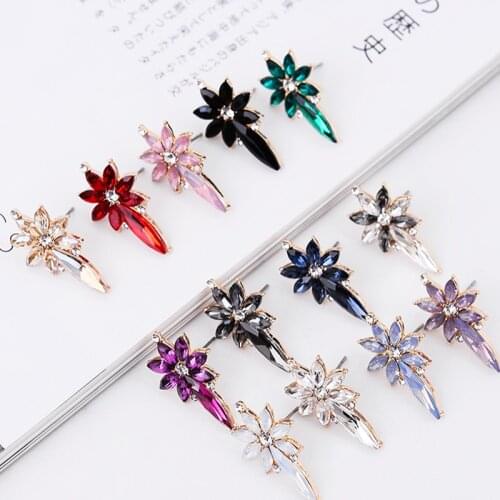Colorful Crystal Stone Flower Piercing Earrings Gold Color Metal Stud Earrings Lovely Women Party Jewelry Birthday Gift for Girl