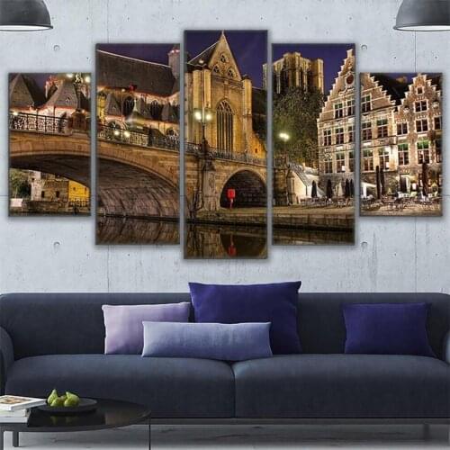 Home Decor HD Print Wall Art Pictures 5 Piece Bridge In Bruges Canvas Painting Living Room Modular City Nightscape Poster