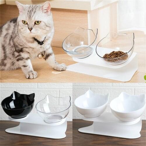 Double Bowl Cat Bowl Dog Bowl Transparent AS Non-slip Food Bowl With Protection Cervical Transparent Food Water Feeding Pet Bowl
