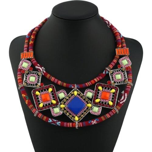 Vintage Ethnic Jewelry Accessories Double Rope Chain Hollow Out Beads Rhinestone Stone Bib Bead Choker Neck Necklace for Women