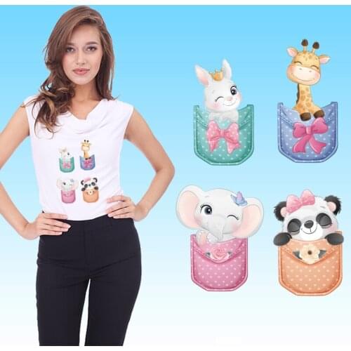 Pocket rabbit elephant panda giraffa Heat-sensitive patches Printed Ironing For Clothing Patches for Clothing DIY T-shirt
