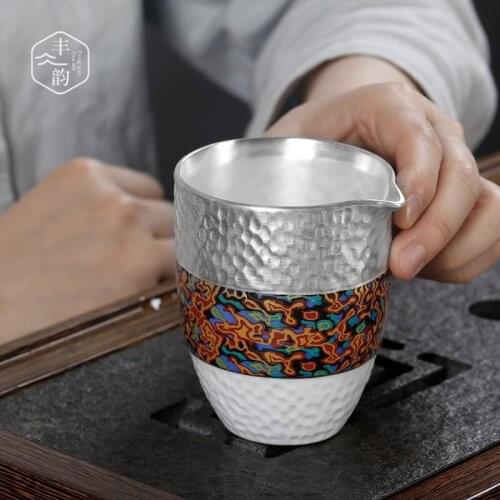 Ceramic silver fairness cup antique pure silver 999 hammer separator tea set Chinese ceremony pouring cup handmade teacup