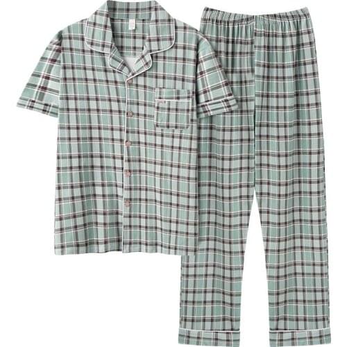 2021 Summer Mens Short Sleeved Trousers Pure Cotton Thin Lapel Homewear Males Two-piece Pajamas Adult Casual Nightclothes Suit