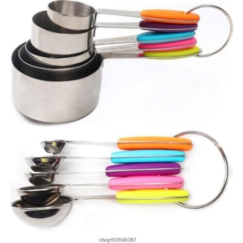 10Pcs Stainless Steel Kitchen Measuring Cups and Spoons Set with Scale Colorful Thickened Non-Slip Handle Metal Ring Wholesales