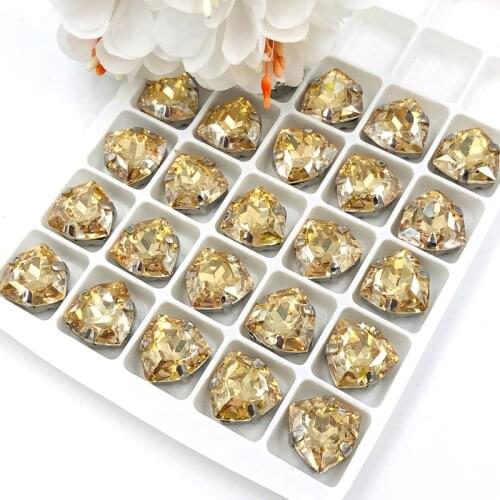 NEW 12mm Fat Triangle shape Champagne High quality Glass Crystal sew on rhinestones diy/clothing accessories