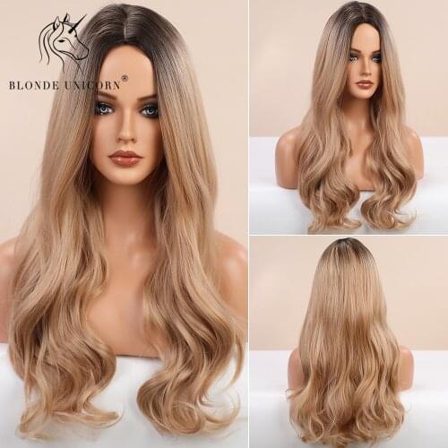 BLONDE UNICORN Long Wavy Hair Wig Dark Brown Root Ombre Blonde Brown Daily Natural Synthetic Wig for Women Heat Resistant Fiber