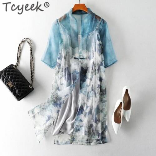 Tcyeek Vintage Summer Dress Women Clothes 2020 Boho 100% Real Silk Mid Vestidos Elegant Ladies Floral Dresses + Top Mujer 88017