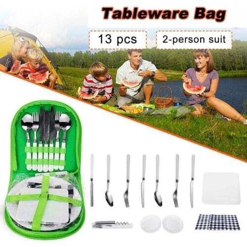 Outdoor Picnic Camping Tableware Portable BBQ Utensil Picnic Set Stainless Steel Fork Spoon Knife Bottle Opener with Storage Bag