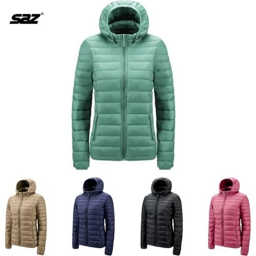 Saz 2020 New Winter Women Ultralight Thin Down Jacket Khaki Down Hooded Jackets Long Sleeve Warm Coat