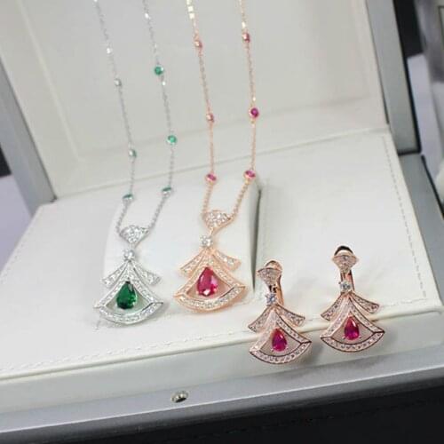Geometric Artifical Ruby Emerald Gemstone Earrings Necklace 100% Sterling 925 Silver Fine Jewelry Set for women party