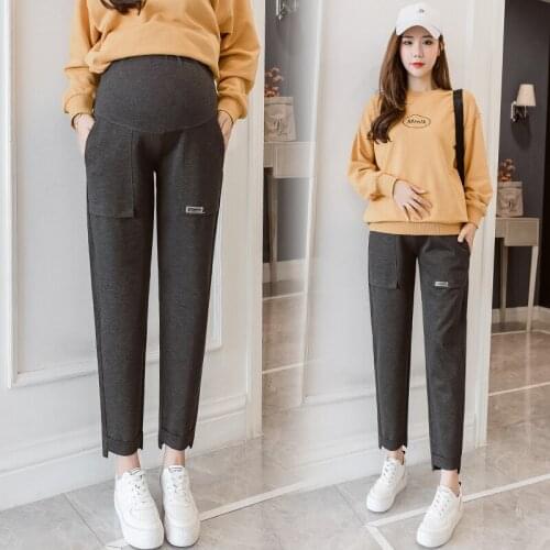1202# Maternity Pants Spring Autumn Casual Pants Loose Comfy Belly Support Pants Elastic Waist Pocket Maternity Trousers