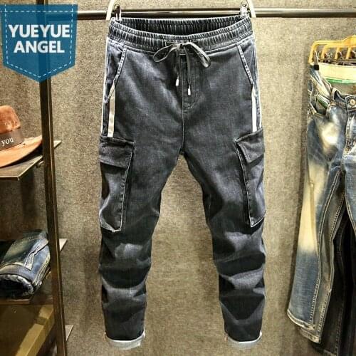 Vintage Spring Loose Casual Full Length Trousers Straight Denim Pants Mens Drawstring Big Pockets Distressed Cargo Jeans Male