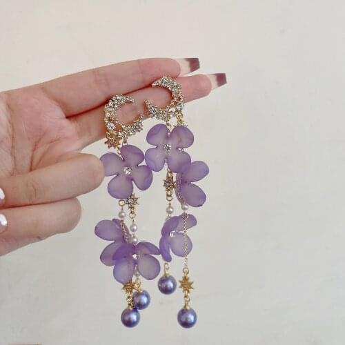 Korean Style Purple Flower Crystal Dangle Earrings for Women Bijoux Long Tassel Water Drop Earrings Weddings Jewelry