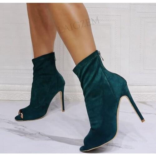 SEIIHEM Women Ankle Boots Peep Toe Faux Suede Zip Up Thin Heels Booties Spring Summer Ladies Shoes Woman Plus Size 40 42 47 52