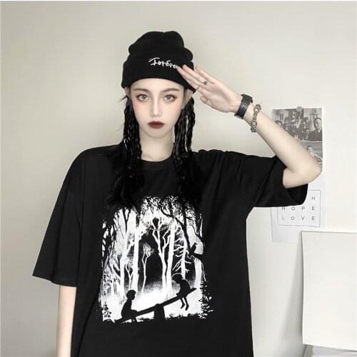 Harajuku Anime Black Demon Print Tops Gothic Punk Clothes Dropshipping Short Sleeve Plus Size Korean Style Women T-Shirts Korean