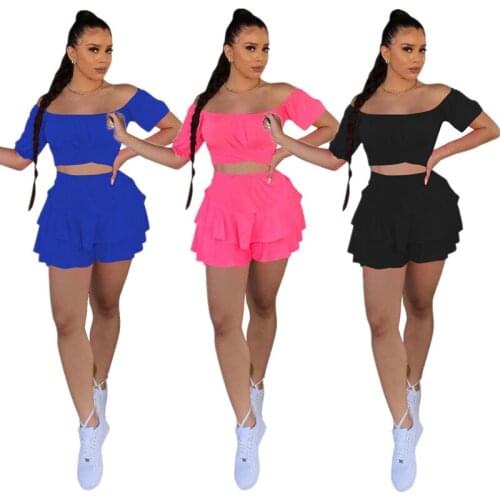 ZKYZWX 2 Piece Set Women Summer Outfits Off Shoulder Crop Top Bandage Ruffles Shorts Dress Sexy Birthday Party Matching Sets