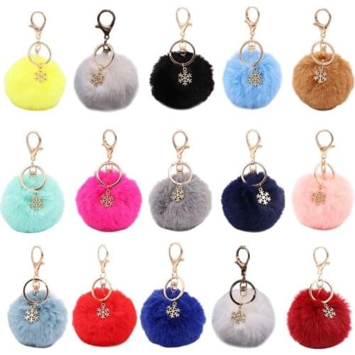 Pom Pom Keychain with Snowflake Pendant Charms Furry Fluffy Plush Ball Keyring