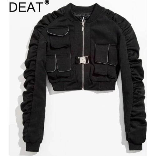 DEAT 2021 Autumn Winter Women New Long Sleeve Round Neck Short Jacket Motorcycle Style Zipper Black Slim Coat RC093