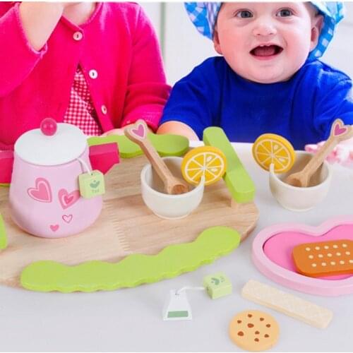 Kids Afternoon Tea Set Role Play Wooden Simulation Toys Tea Party Pretend Play Girls Kitchen Tools Tea Pot Cups Playset
