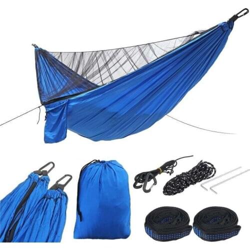 Dark Blue Double Camping Hammock With Mosquito Net Outdoor High Strength Fabric Hanging Bed Sleeping Swing