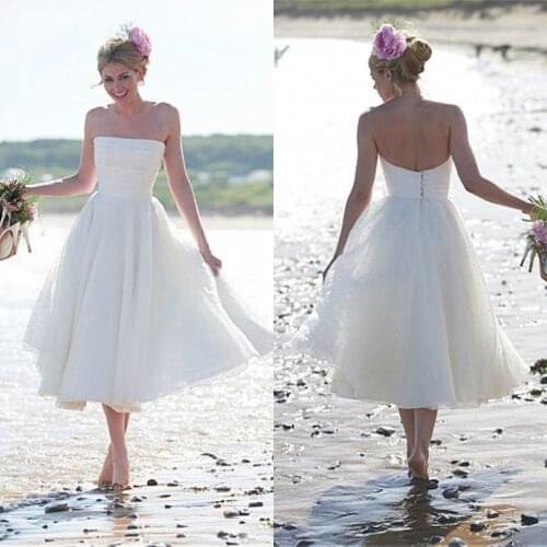 Elegant Polka Dot Tulle Strapless Neckline Tea-length A-line Wedding Dress