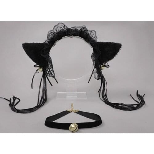 Gothic cute maid woman girl ruffle lace hair accessories plush cat ear ribbon bell cosplay headband