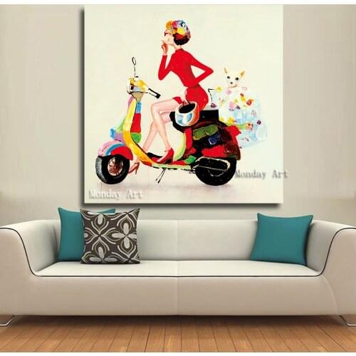 Canvas painting handpainted cartoon oil painting The lady on a Motorcycle wall Decorative Paintings Wall Pictures for Bedroom