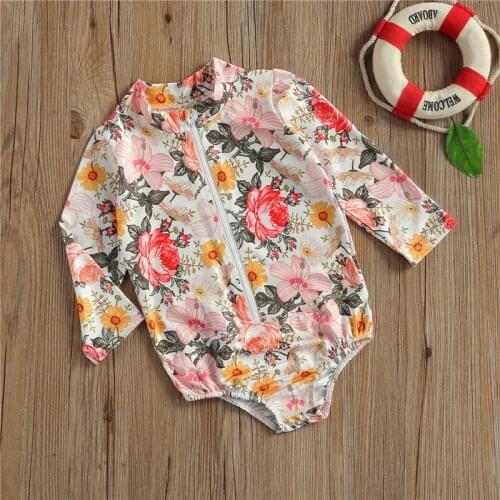 Girls Jumpsuit Children Flower Print O-neck Zipper Swimwear Summer Beachwear Long Sleeve Swmimming Suits