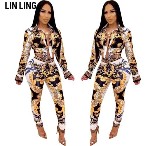 LINLING 2 Piece Night Clubwear Outfits for Women Long Sleeve Top and Palace Print Pants Clubwear
