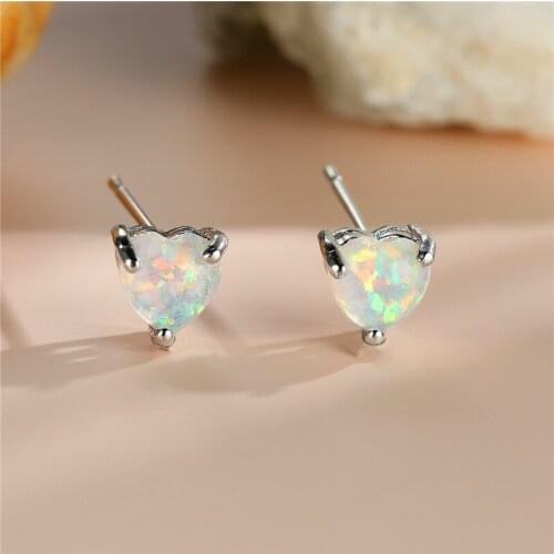 Cute Female White Opal Stone Earrings Simple Love Heart Small Stud Earrings For Women Dainty Bride Silver Color Wedding Earrings